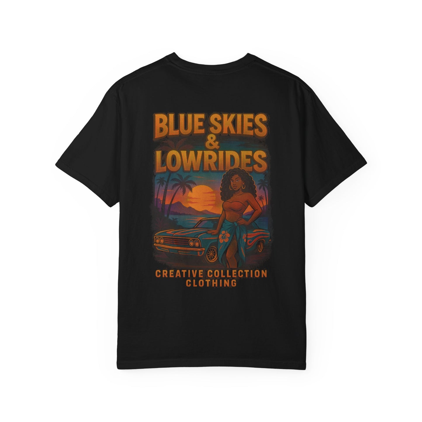 Blue Skies & Lowrides Retro Graphic T-Shirt, Vintage Car Tee, Casual Beachwear, Summer Gift, Unisex Garment-Dyed Shirt