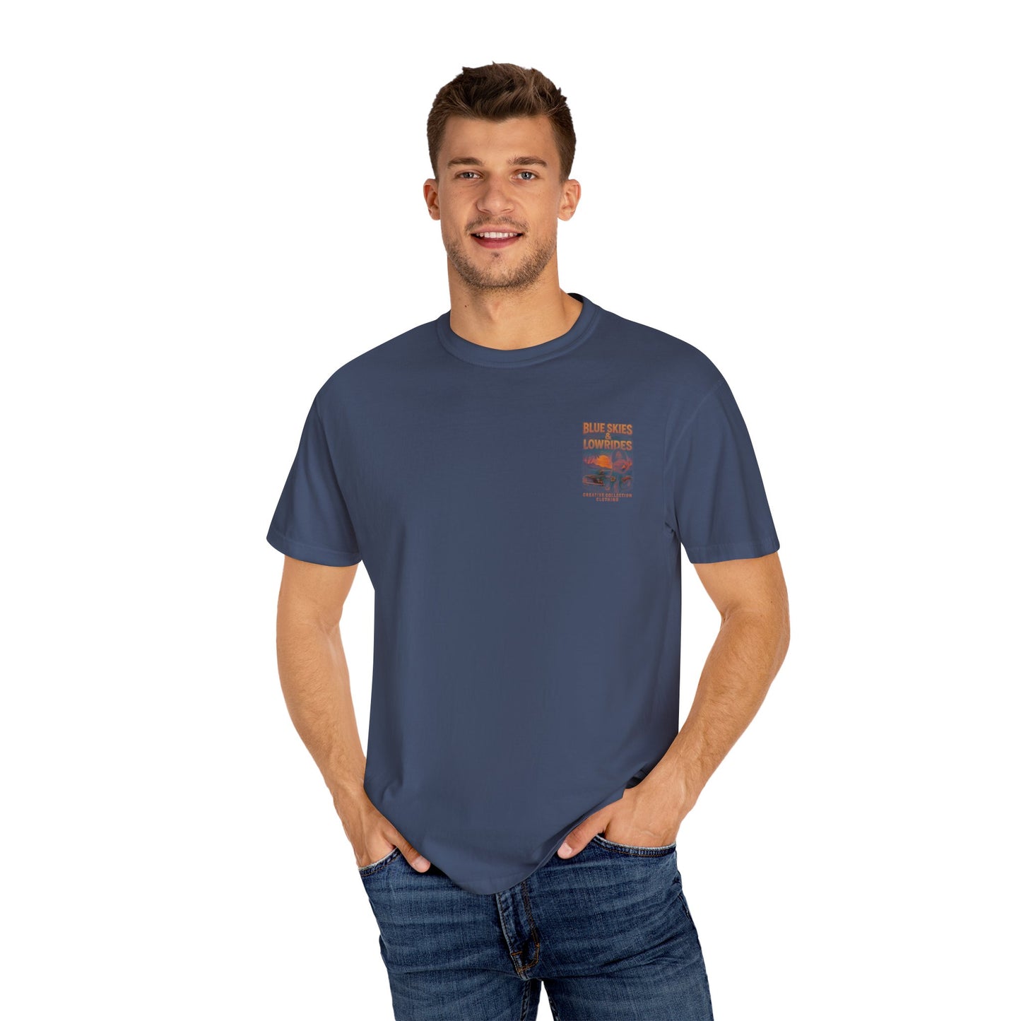 Blue Skies & Lowrides Retro Graphic T-Shirt, Vintage Car Tee, Casual Beachwear, Summer Gift, Unisex Garment-Dyed Shirt