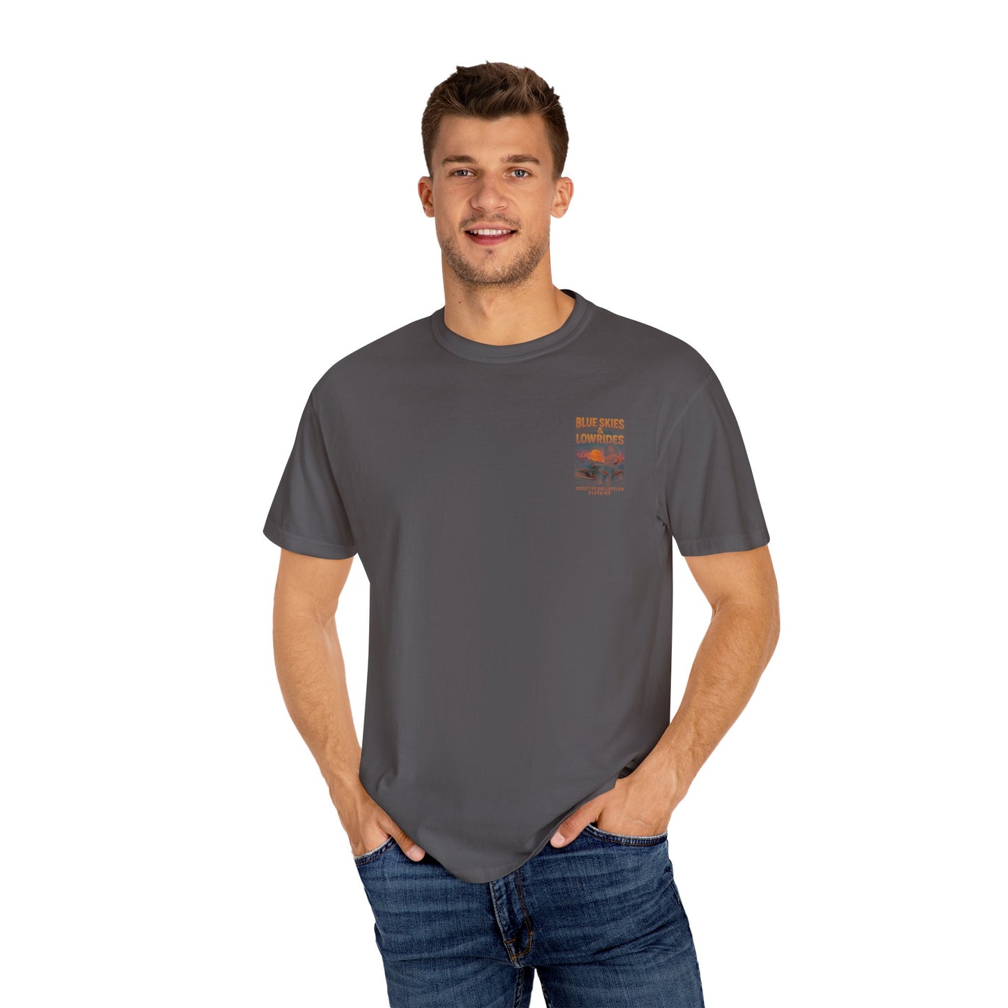 Blue Skies & Lowrides Retro Graphic T-Shirt, Vintage Car Tee, Casual Beachwear, Summer Gift, Unisex Garment-Dyed Shirt