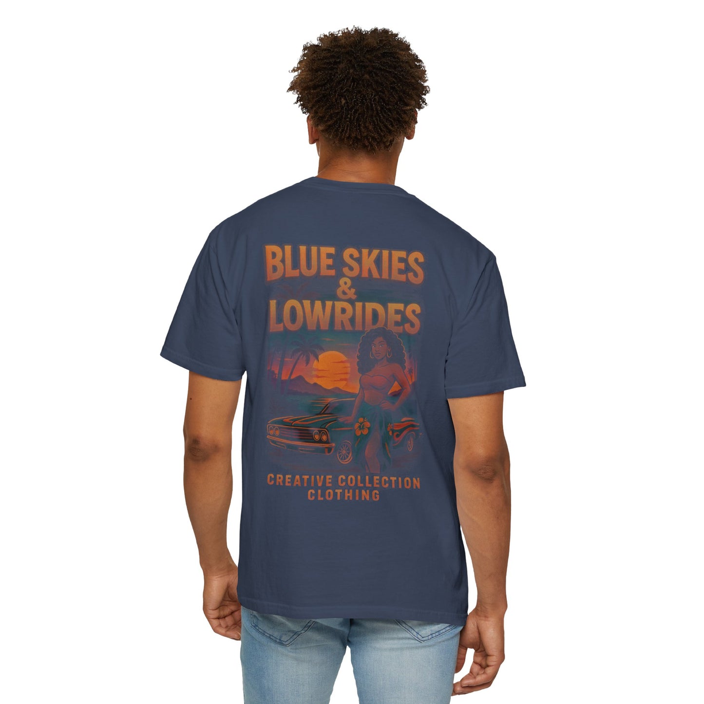 Blue Skies & Lowrides Retro Graphic T-Shirt, Vintage Car Tee, Casual Beachwear, Summer Gift, Unisex Garment-Dyed Shirt