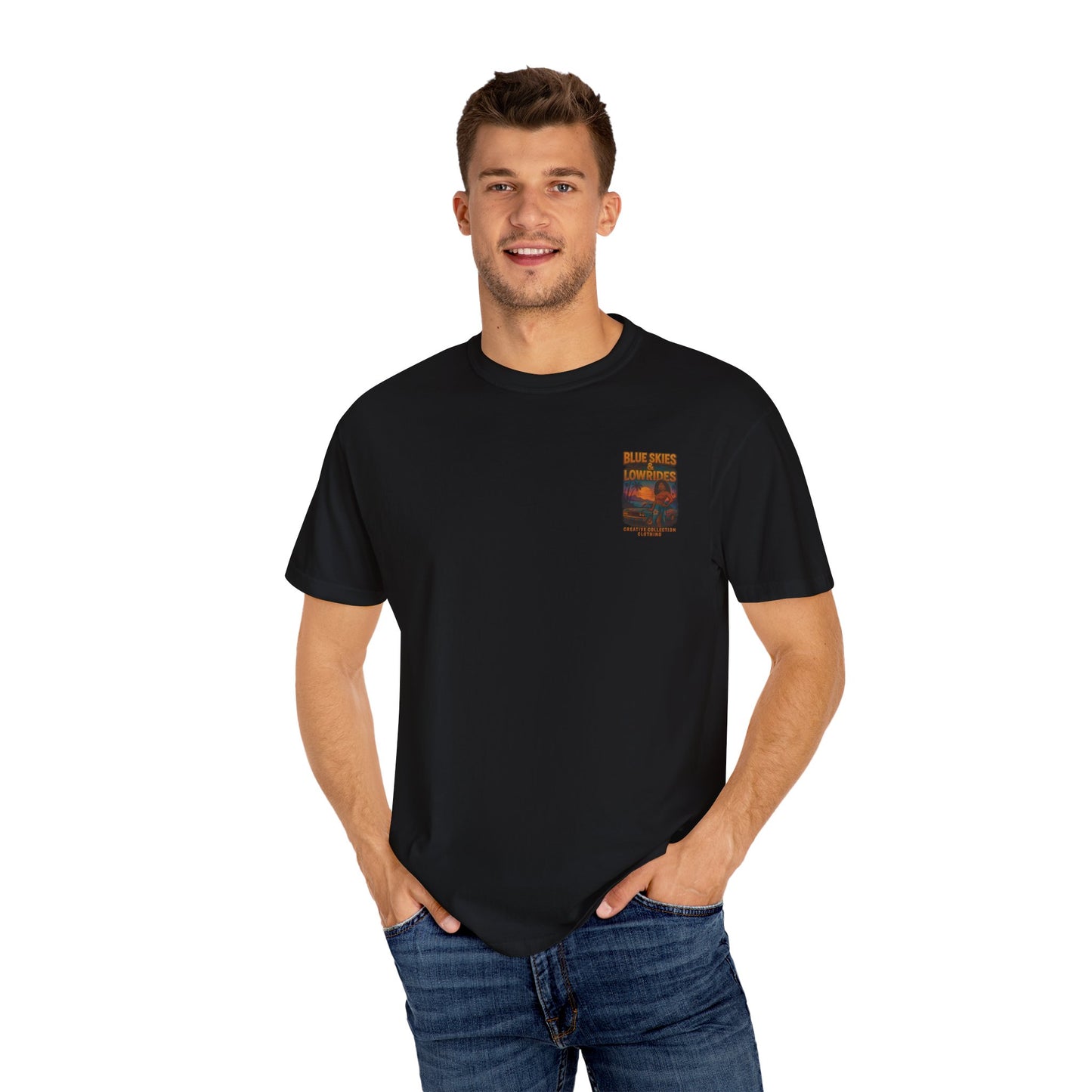 Blue Skies & Lowrides Retro Graphic T-Shirt, Vintage Car Tee, Casual Beachwear, Summer Gift, Unisex Garment-Dyed Shirt