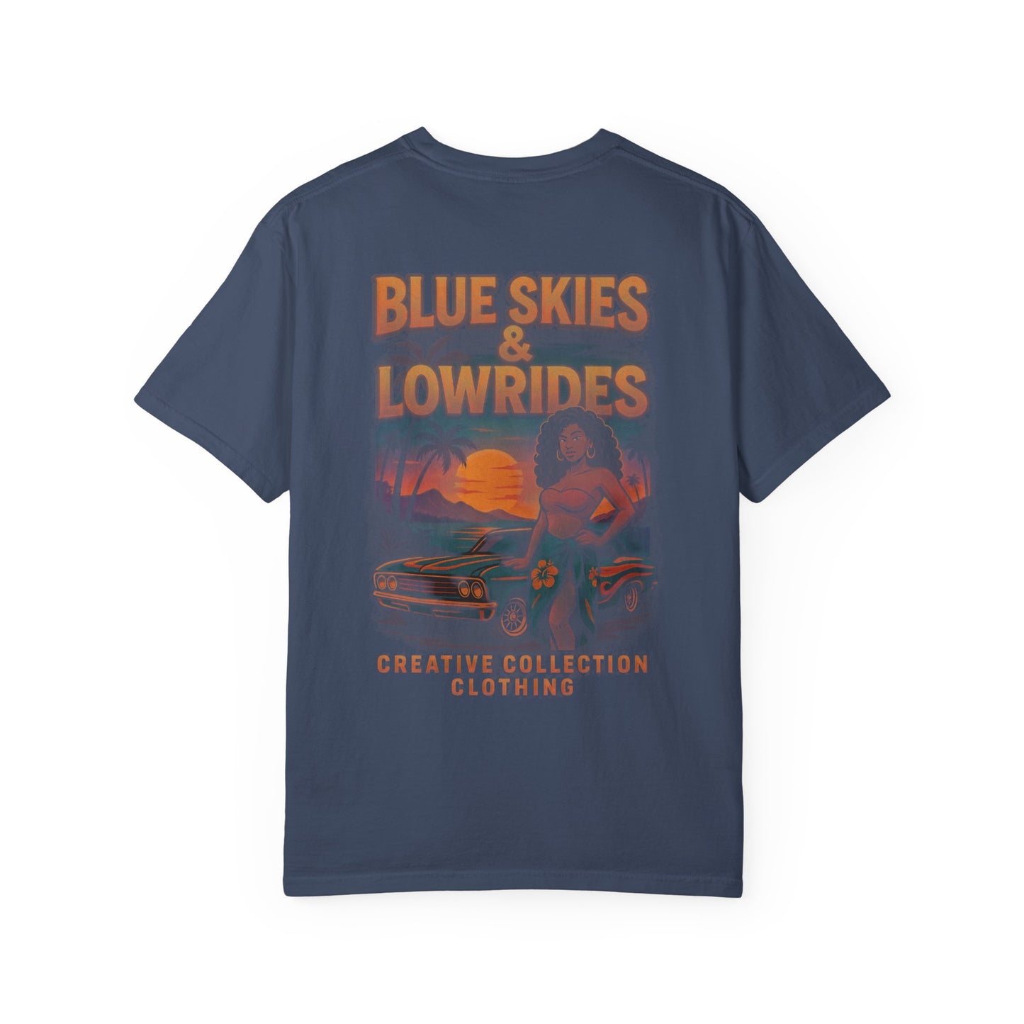 Blue Skies & Lowrides Retro Graphic T-Shirt, Vintage Car Tee, Casual Beachwear, Summer Gift, Unisex Garment-Dyed Shirt