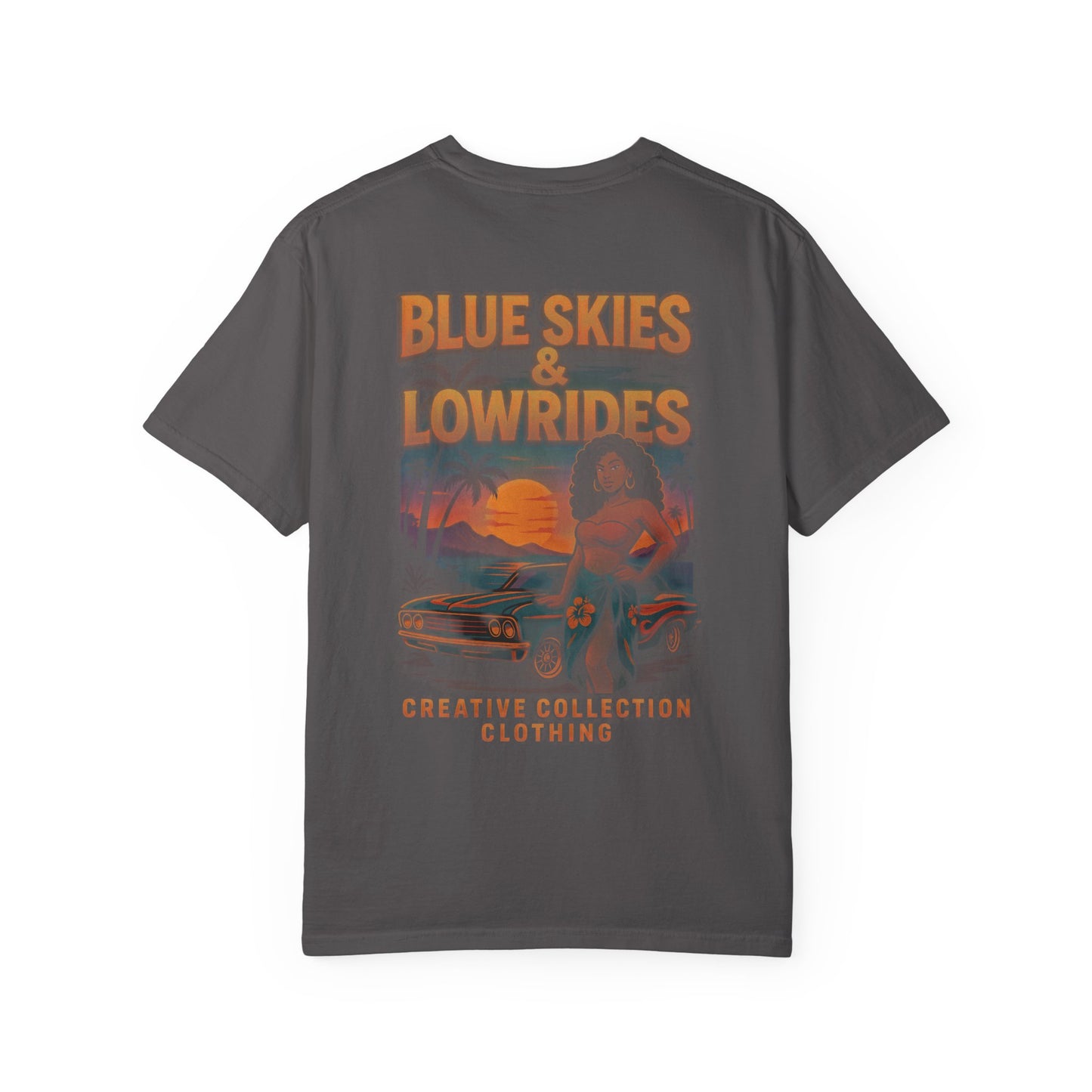 Blue Skies & Lowrides Retro Graphic T-Shirt, Vintage Car Tee, Casual Beachwear, Summer Gift, Unisex Garment-Dyed Shirt