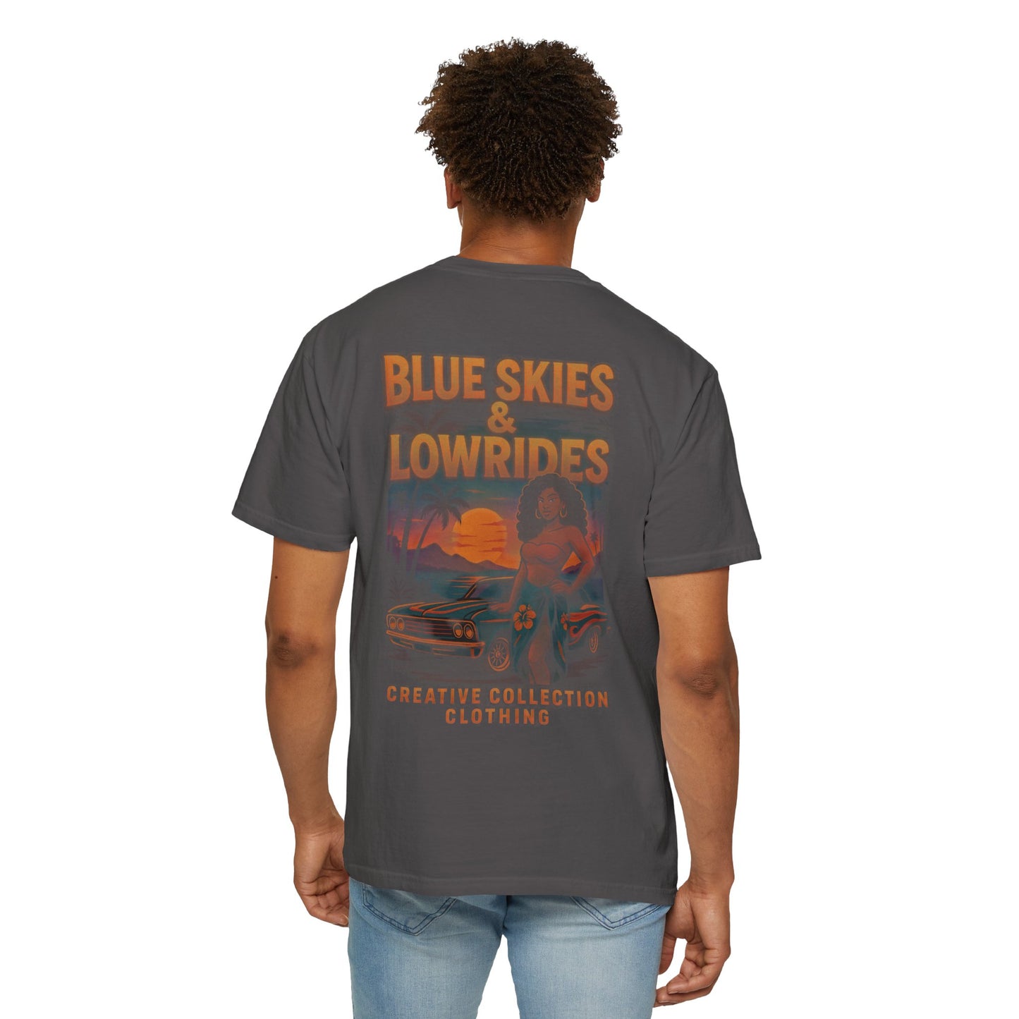 Blue Skies & Lowrides Retro Graphic T-Shirt, Vintage Car Tee, Casual Beachwear, Summer Gift, Unisex Garment-Dyed Shirt