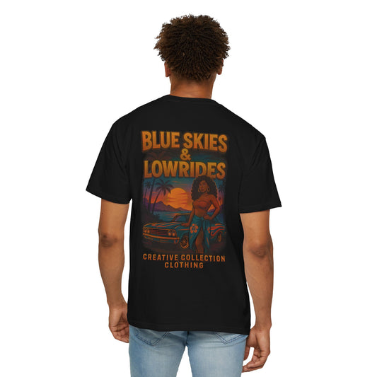 Blue Skies & Lowrides Retro Graphic T-Shirt, Vintage Car Tee, Casual Beachwear, Summer Gift, Unisex Garment-Dyed Shirt